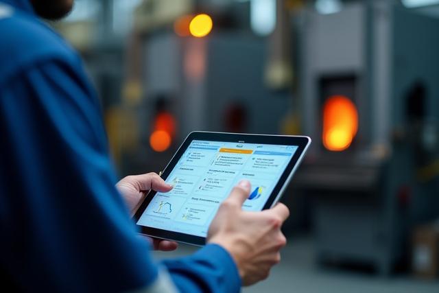 Ingeniero interactuando con una tablet mostrando una interfaz de automatización no-code en una planta de fabricación de metal