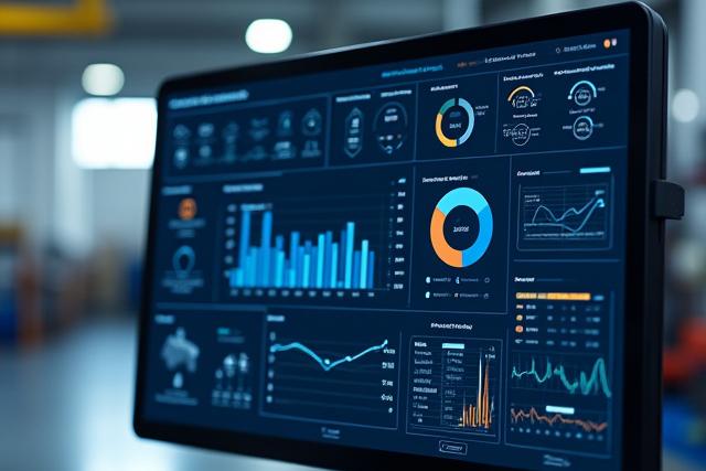 Captura de pantalla de un dashboard de visualización de datos de producción con gráficos y medidores en un entorno industrial